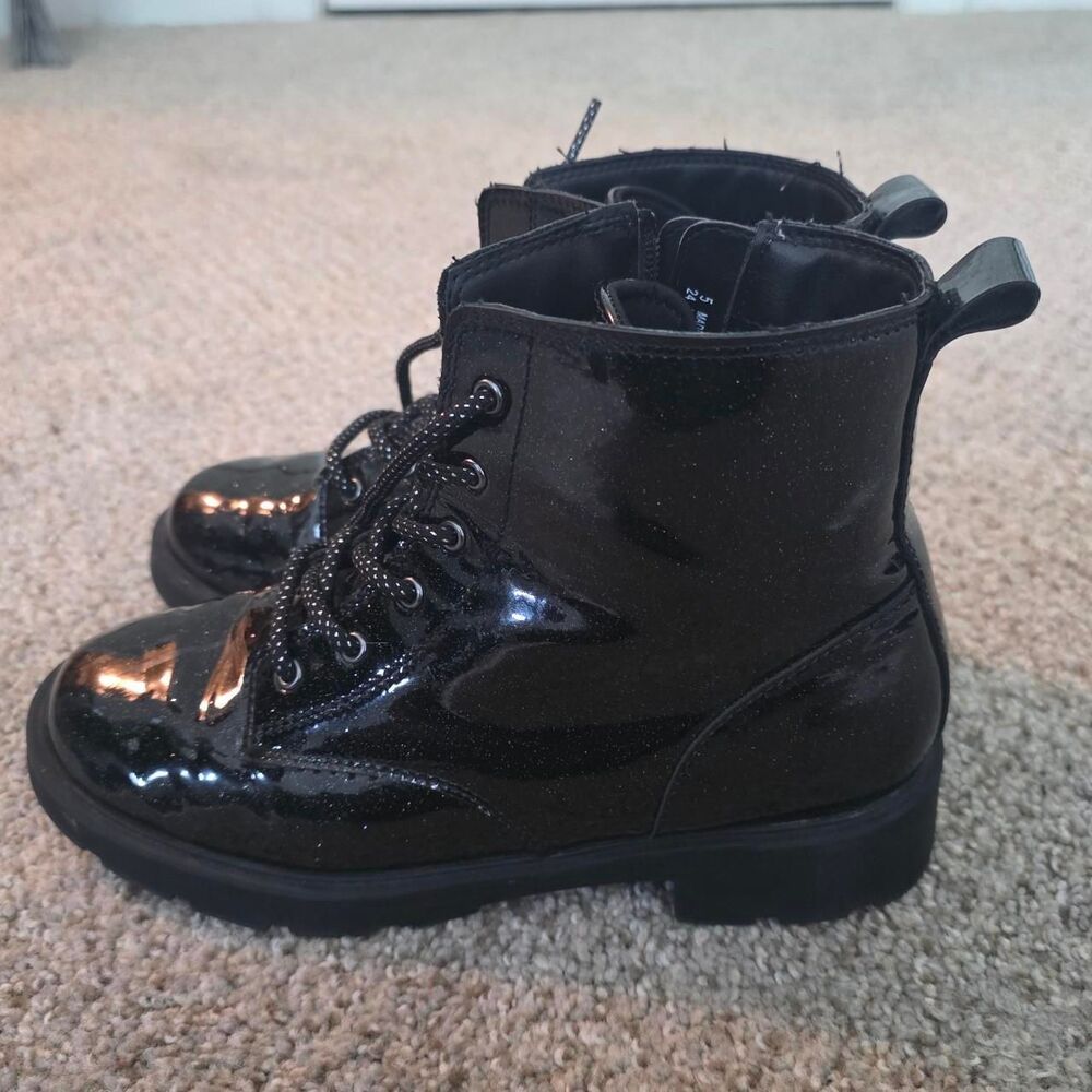 Black Leather Platform Combat Boots Side Zip Y2K Goth Punk